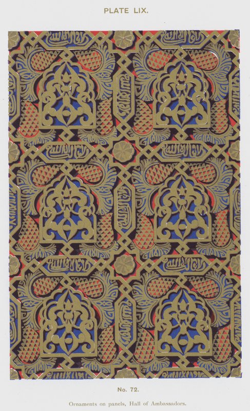 Ornamenter på paneler, Hall of Ambassadors (farve litho) af Spanish School