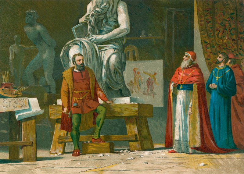 Pave Julius II besøger Michelangelos værksted af Spanish School