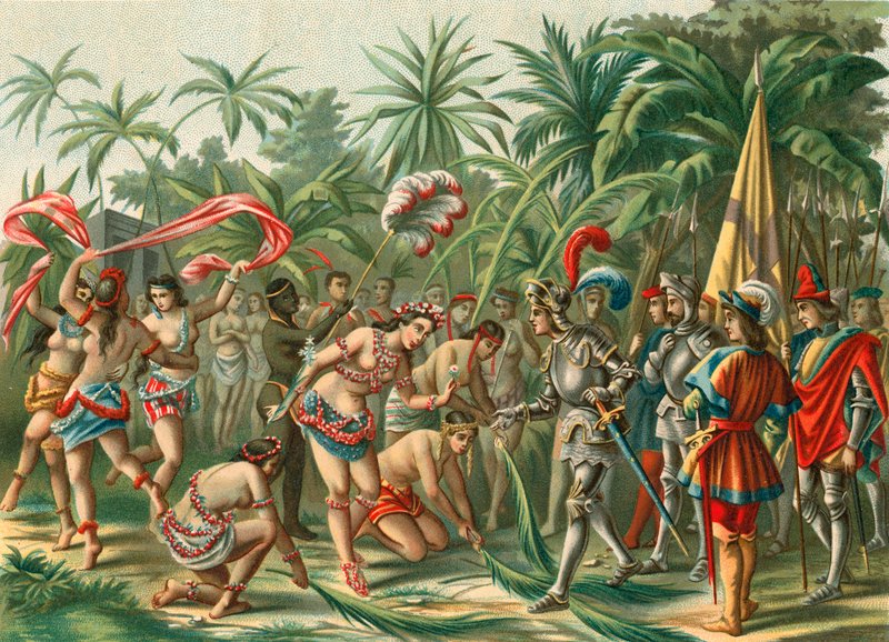 Modtagelse fra Anacaona, kaldet Den Gyldne Blomst, på Hispaniola for Bartholomew Columbus og Hermano del Almirante af Spanish School