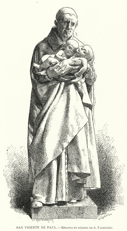 St Vincent de Paul, fransk katolsk præst, marmorstatue af Jean Alexandre Joseph Falguiere (litho) af Spanish School