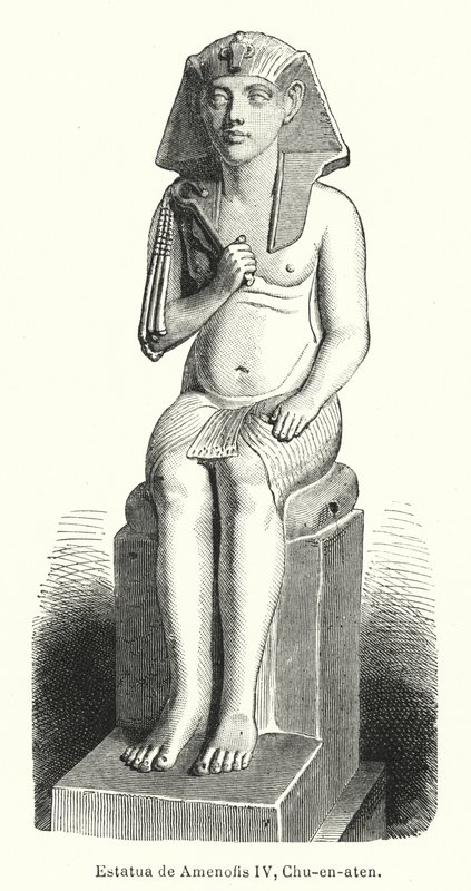 Statue af den gamle egyptiske farao Amenhotep IV (Akhenaten) (litho) af Spanish School