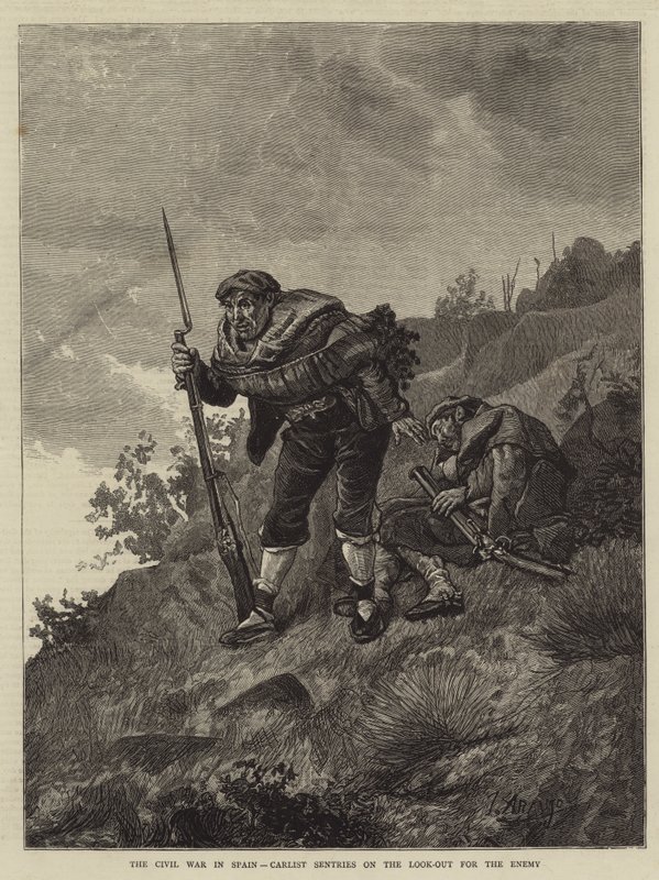 Borgerkrigen i Spanien, Carlist Sentries på udkig efter fjenden (gravering) af Spanish School
