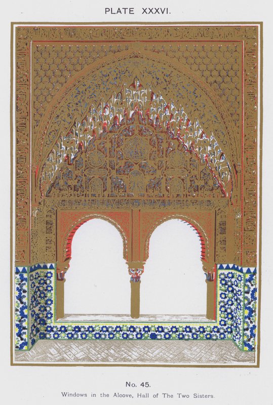 Vinduer i alkoven, Hall of The Two Sisters (farve litho) af Spanish School