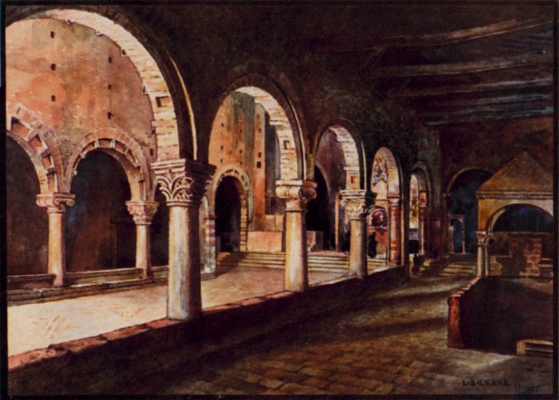 Italienske katedraler: Toscanella, udsigt over kirkeskibet San Pietro (farve litho) af Stafford Leake