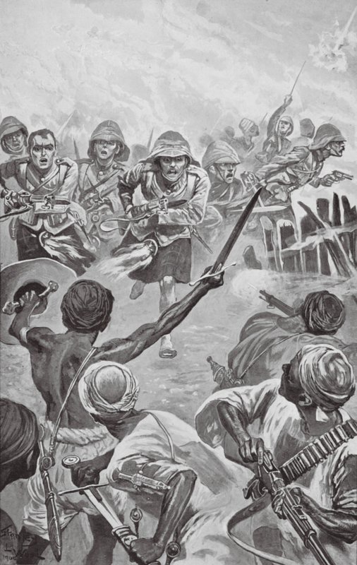 Camerons rushing the Zareba at the Atbara (litografi) af Stanley L. (after) Wood
