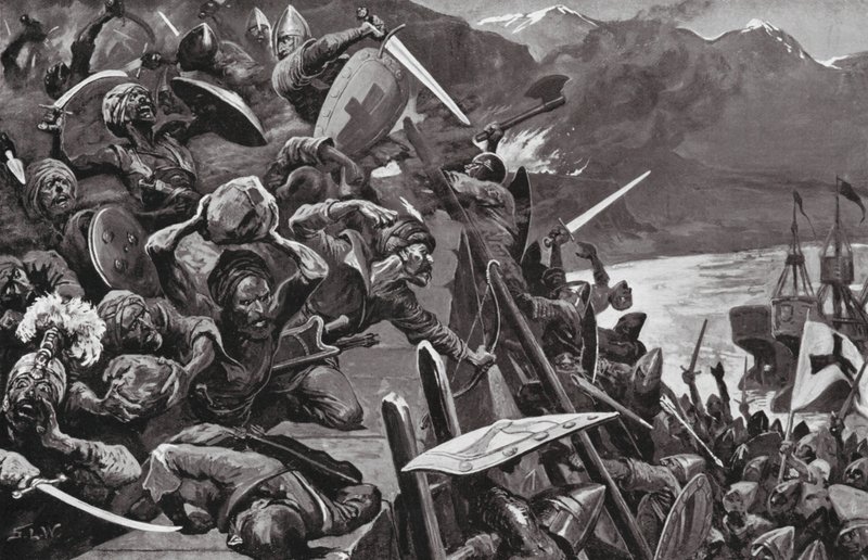 Korsfarere stormer Nikæa (litografi) af Stanley L. (after) Wood