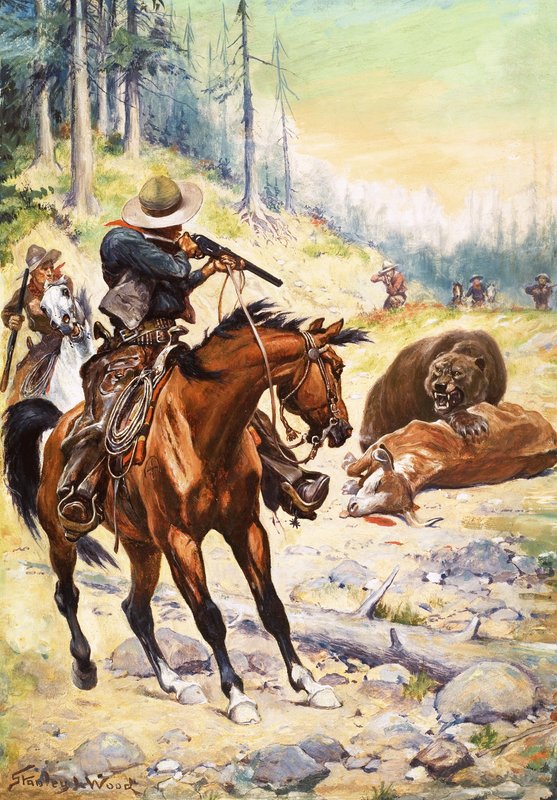 Amerikanske cowboys omgiver en bjørn krøbet over en ko af Stanley L. Wood