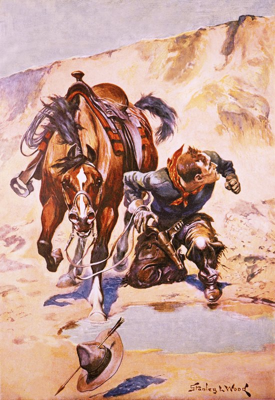 Cowboy forfulgt af indianere. af Stanley L. Wood