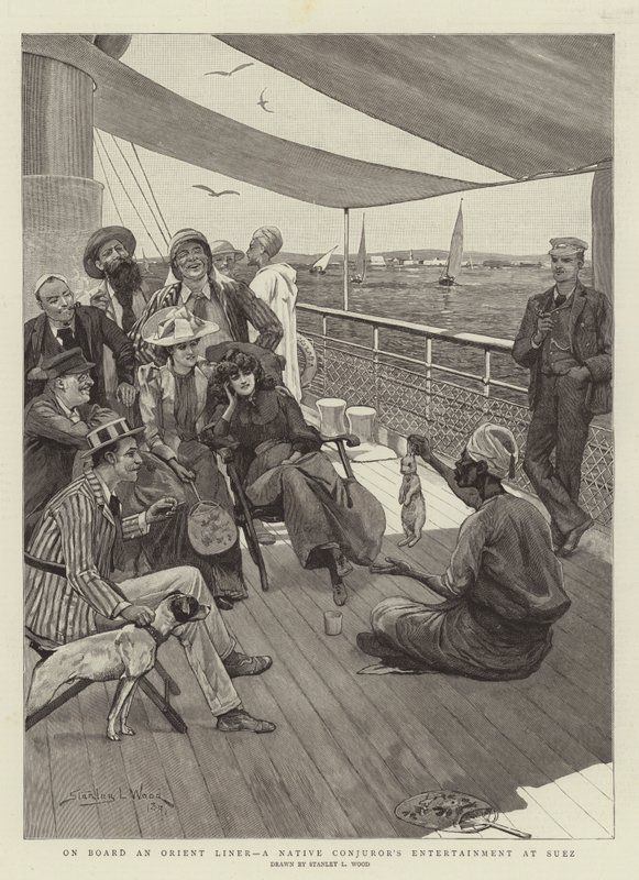 Om bord på et orientsk skib, en indfødt tryllekunstner underholder i Suez af Stanley L. Wood