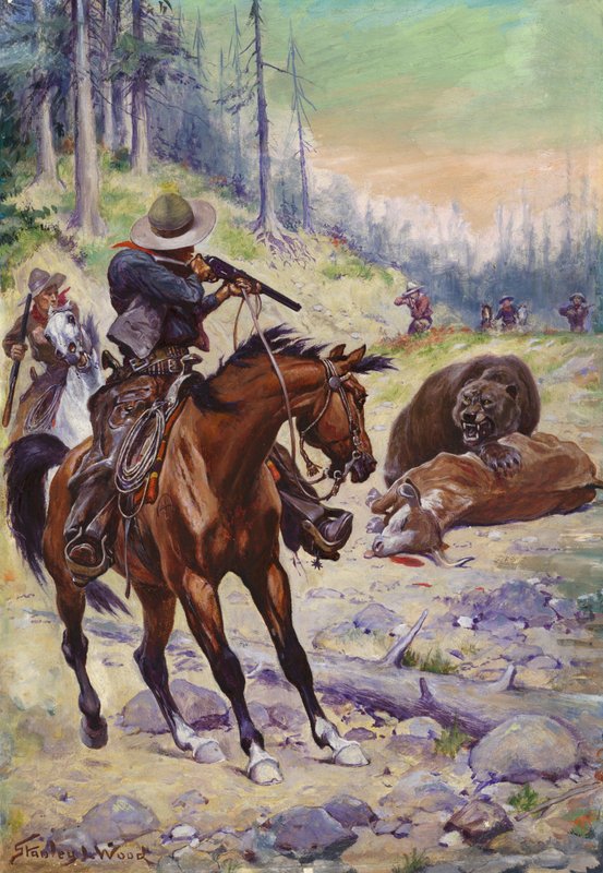 Skyde en bjørn (olie) af Stanley L. Wood