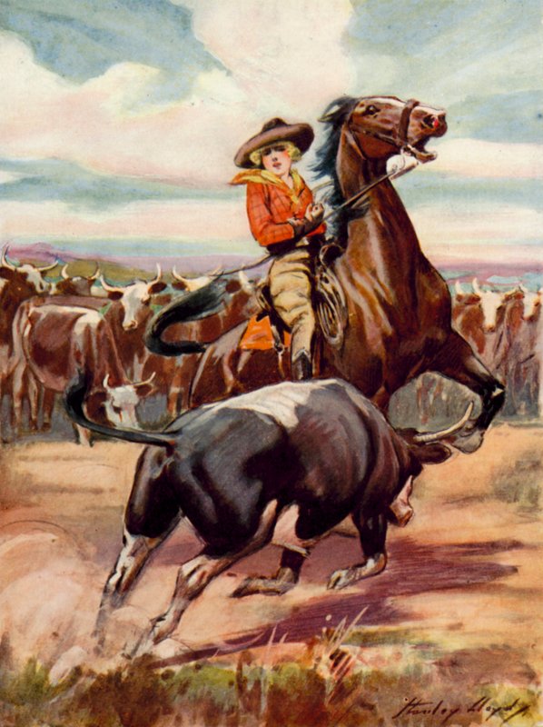 Scene fra At the Mercy of Brigands: en cowgirl på hesteryg bliver angrebet af en stor okse (farvelitografi) af Stanley Lloyd