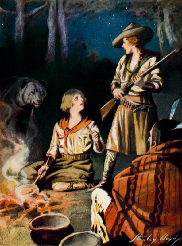 Scene fra The Gratitude of Great Bear: en bjørn nærmer sig et lejrbål (farvelitografi) af Stanley Lloyd