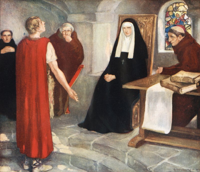 Caedmon før Saint Hilda (farve litho) af Stephen Reid
