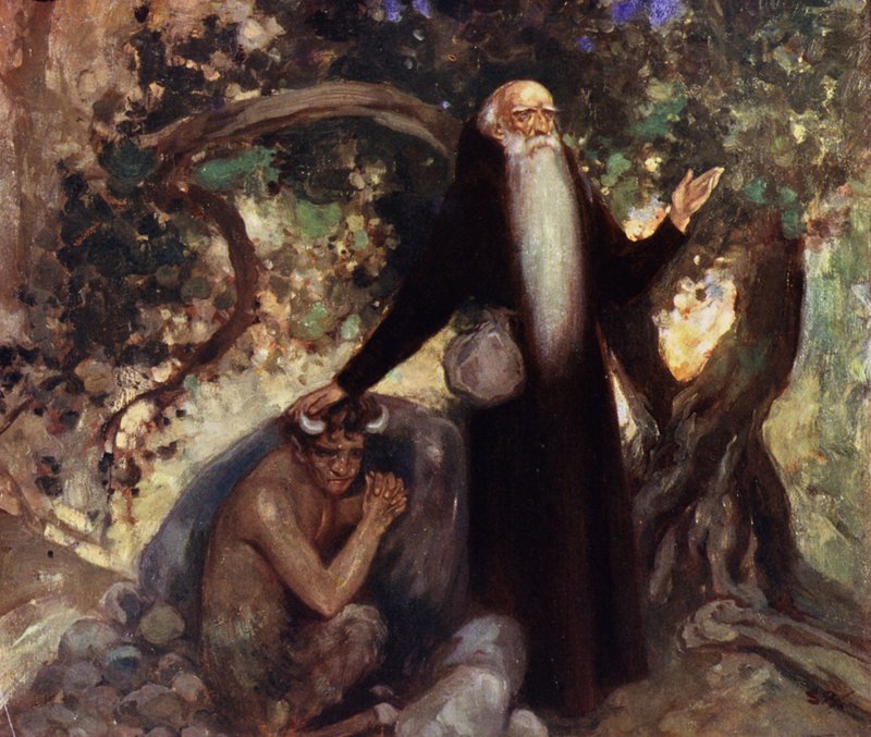 Sankt Antonius og Satyren (farve litho) af Stephen Reid