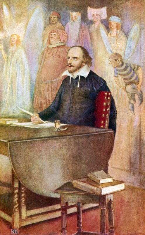 Shakespeare og nogle af de udødelige skabninger i hans fantasi (farve litho) af Stephen Reid