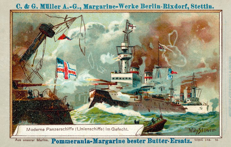 Moderne jernbeklædte i kamp (chromolitho) af Stoewer Willy