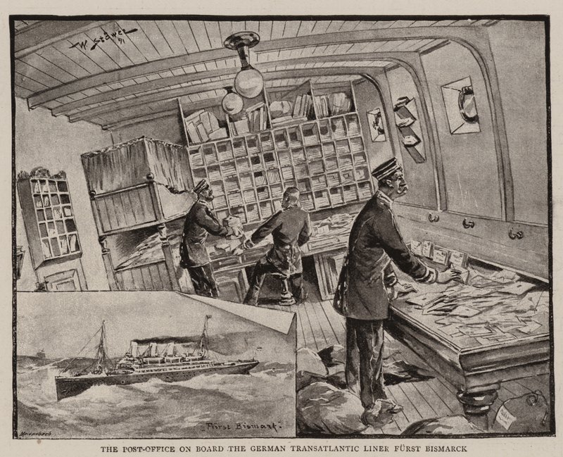 Postkontoret om bord på det tyske transatlantiske linjeskib Furst Bismarck af Stoewer Willy
