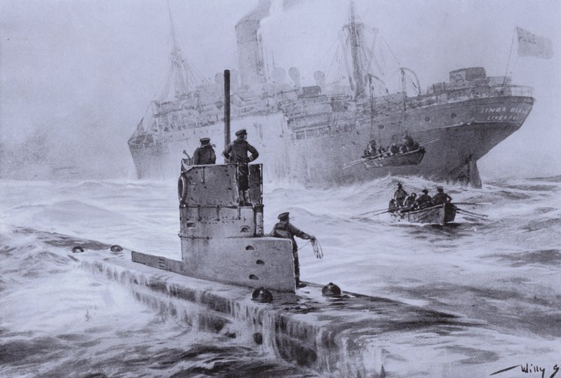 Sænkning af det britiske handelsskib Linda Blanche af tysk ubåd U-21 ud for Liverpool, Første Verdenskrig, 30. januar 1915 (litho) af Willy  Stoewer 
