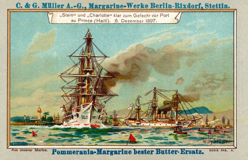 Tyske krigsskibe Stein og Charlotte i Port au Prince Harbour, Haiti, under Luders-affæren, 6. december 1897 (chromolitho) af Stoewer Willy