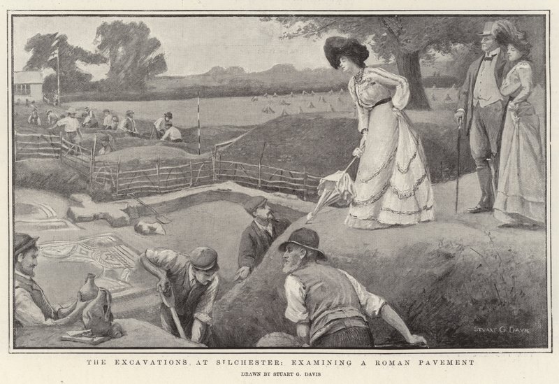 Udgravningerne i Silchester, der undersøger en romersk fortovslitho af Stuart G. Davis