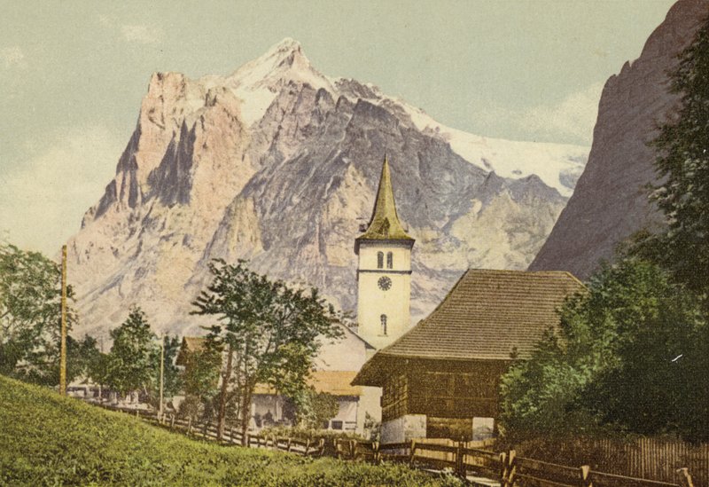 Berner Oberland: Grindelwald med kirke (farvet foto) af Swiss Photographer