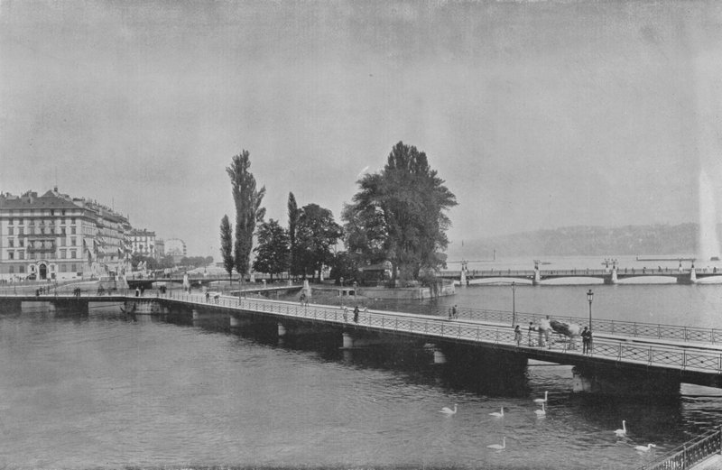Genève, Pont des Bergues og Ile J-J Rousseau (s/h foto) af Swiss Photographer