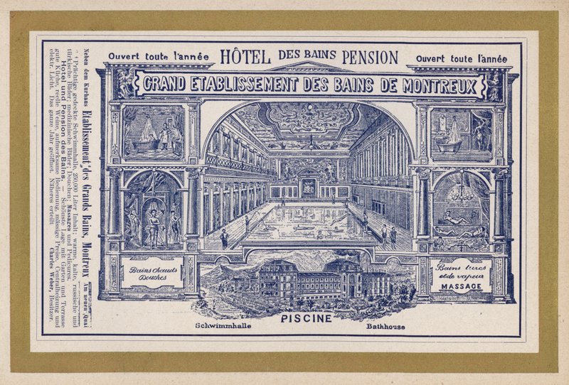 Annonce for Grand Etablissement Des Bains De Montreux (gravering) af Swiss School