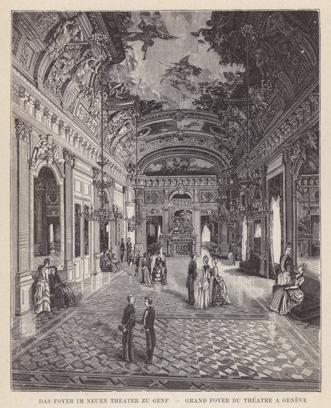 Foyeren i Det Nye Teater i Genève, Grand Foyer du Theatre a Geneve (gravering) af Swiss School