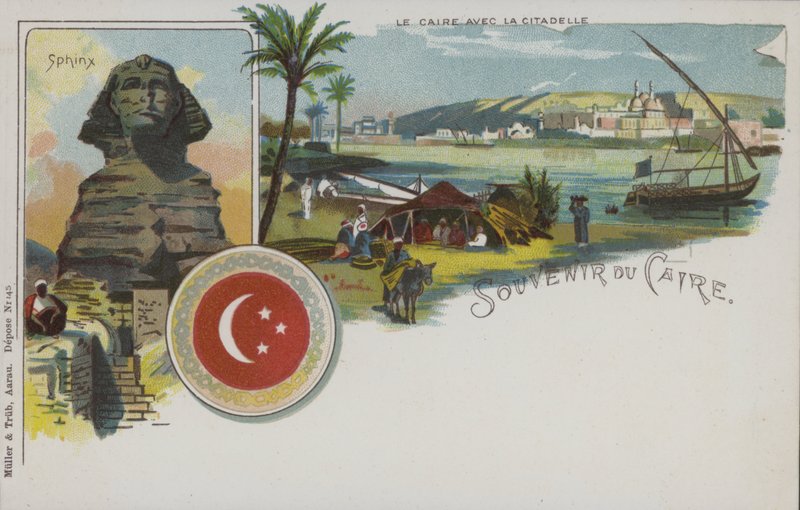 Egyptiske scener: Kairo og dets citadel og Sfinxen (chromolitho) af Swiss School