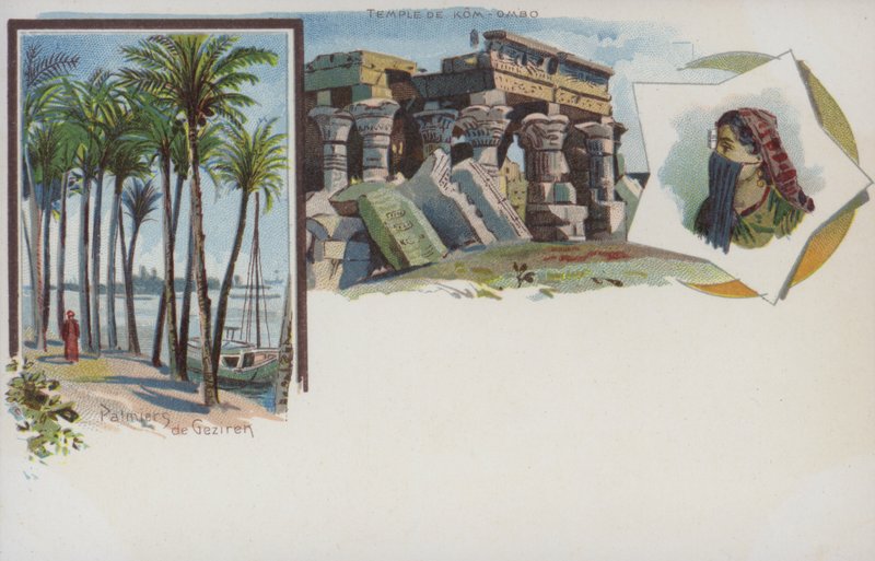 Egyptiske scener: palmer på bredden af Nilen ved Gezira, Kairo og Kom Ombo-templet (chromolitho) af Swiss School