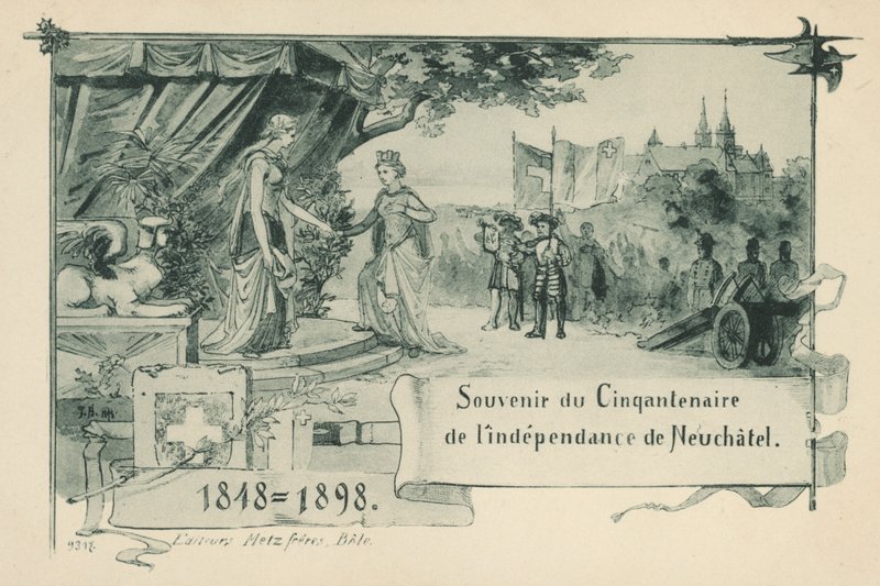 50 års jubilæum for, at Neuchatel erklærede sig selv som en republik i det schweiziske forbund i 1848 (litho) af Swiss School