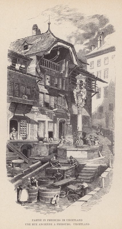 Fest i Freiburg im Uechtland, Une Rue Ancienne i Fribourg, Uechtland (gravering) af Swiss School
