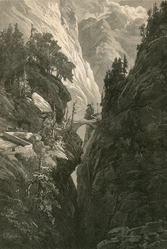 Scene på Via Mala, på vejen fra Coire til Splugen af Swiss School