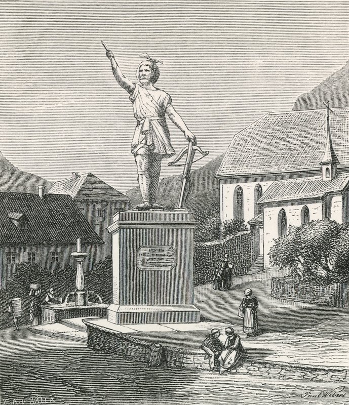 Statue af Tell ved Altorf, nær det sted, hvor han siges at have skudt æblet fra sin søns hoved af Swiss School