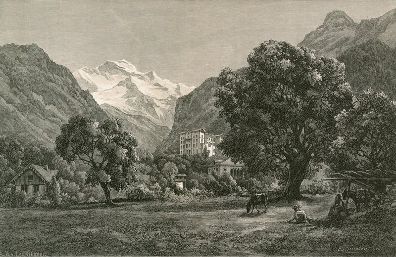 Jungfrau og åbningen af Lauterbrunnen-dalen fra nær Interlaken af Swiss School