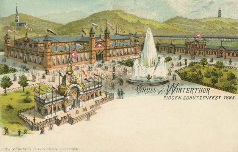 Skydefestivalen i 1895 i Winterthur, Schweiz (farve litho) af Swiss School