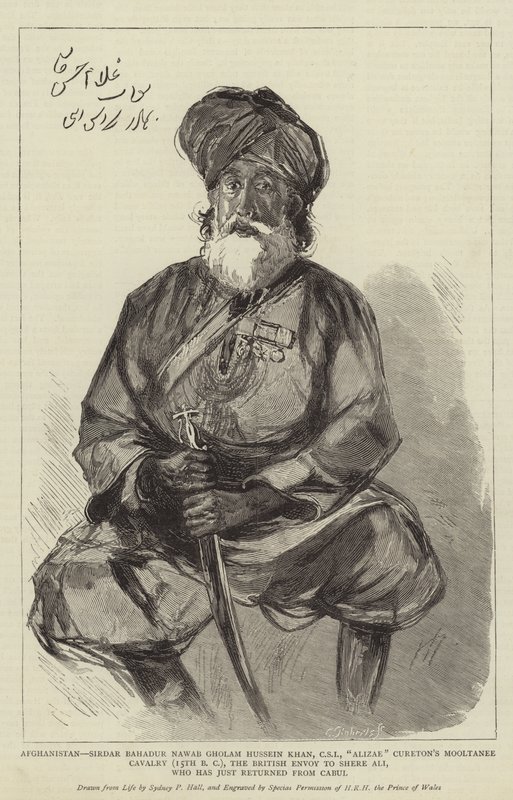 Afghanistan, Sirdar Bahadur Nawab Gholam Hussein Khan, CSI, Alizae Curetons Mooltanee Cavalry (15. f.Kr.), den britiske udsending til Shere Ali, som netop er vendt tilbage fra Cabul af Sydney Prior Hall