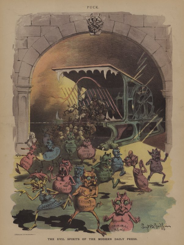The Evil Spirits of the Modern Daily Press (farve litho) af Sydney B. Griffin