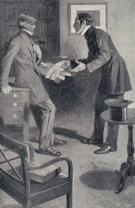 John Stuart Mill overbringer sin ven, Thomas Carlyle, den frygtelige nyhed, at en skødesløs pige har brændt hans manuskript (litografi). af Sydney C Lucas