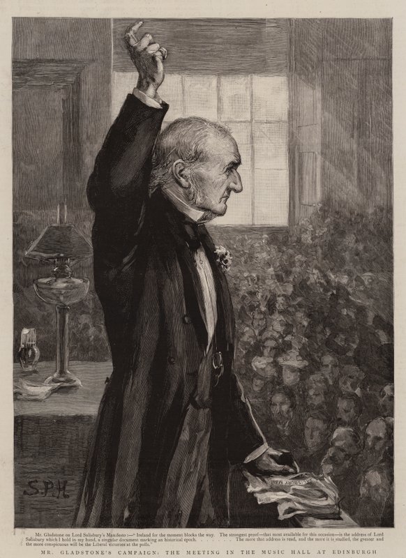 Mr Gladstones kampagne, mødet i Music Hall i Edinburgh (gravering) af Sydney Prior (after) Hall