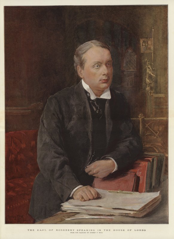 Jarlen af Rosebery taler i House of Lords (farve litho) af Sydney Prior (after) Hall