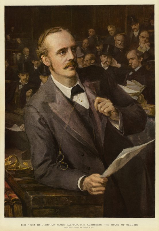 Højre ærede Arthur James Balfour, MP, taler til Underhuset (farve litho) af Sydney Prior (after) Hall
