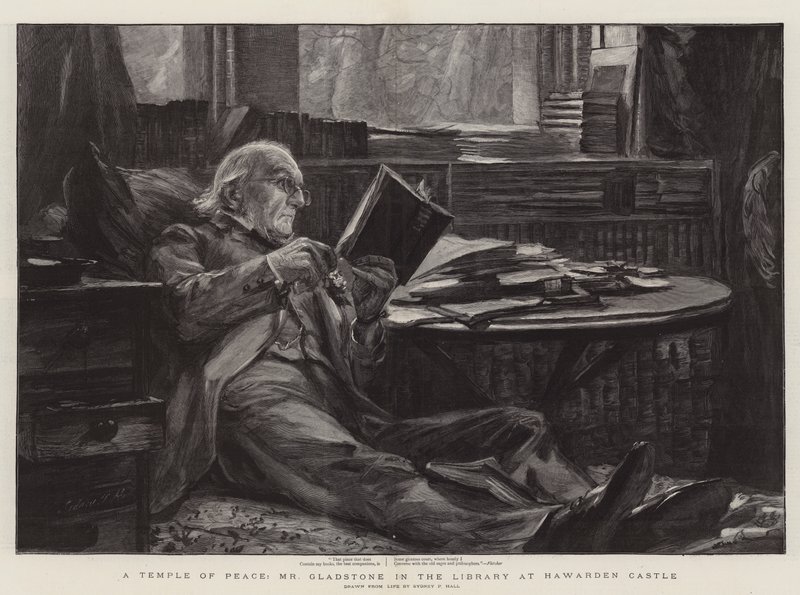 Et fredens tempel, hr. Gladstone i biblioteket på Hawarden Castle af Sydney Prior Hall
