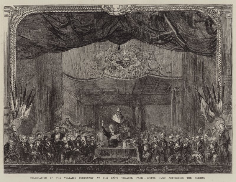 Fejring af Voltaires 100-års jubilæum i Gaite Theatre, Paris, hvor Victor Hugo taler til mødet af Sydney Prior Hall