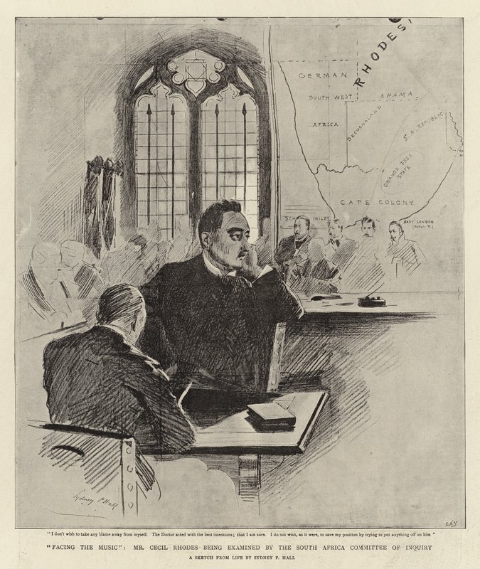 Cecil Rhodes i møde med musikken, da han blev afhørt af den sydafrikanske undersøgelseskommission af Sydney Prior Hall