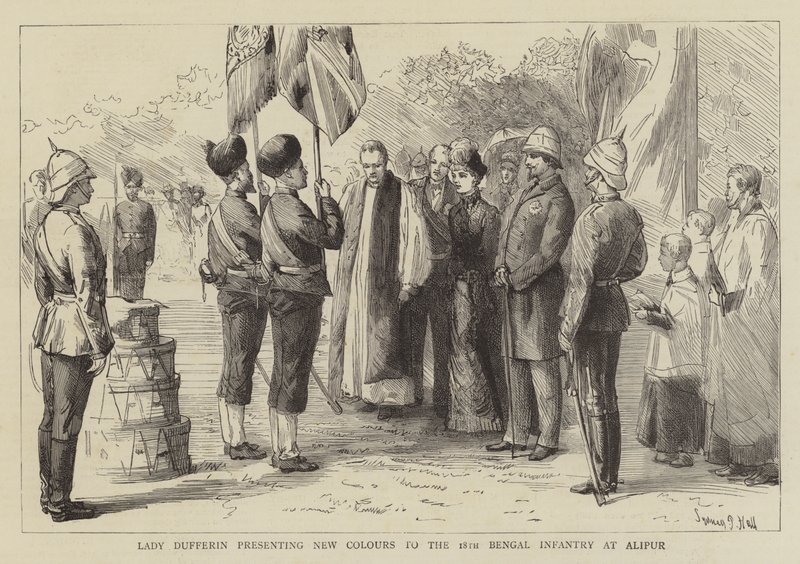 Lady Dufferin præsenterer nye farver for det 18. bengalske infanteri i Alipur af Sydney Prior Hall