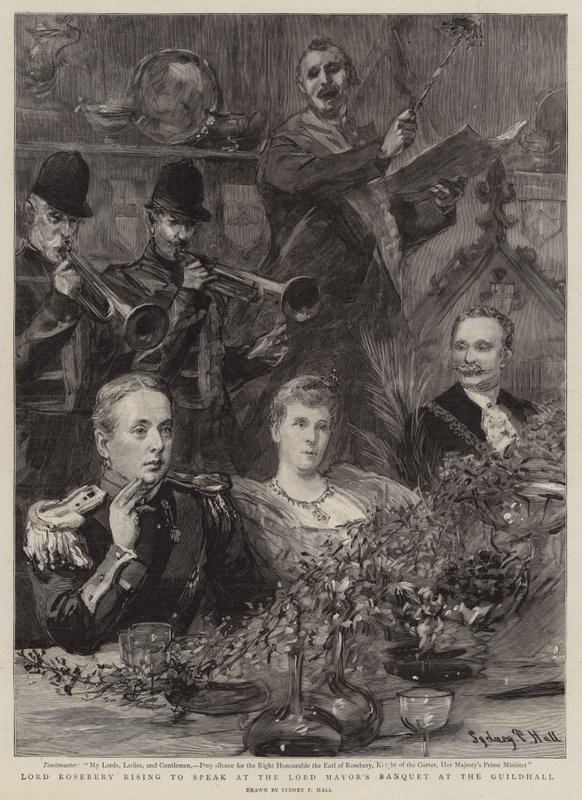 Lord Rosebery rejser sig for at tale ved overborgmesterens banket i Guildhall af Sydney Prior Hall