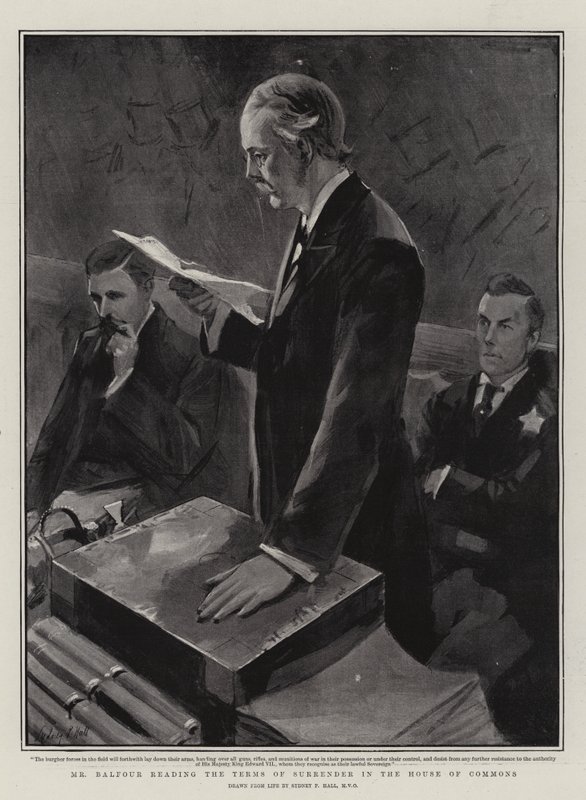 Balfour læser op af overgivelsesbetingelserne i Underhuset af Sydney Prior Hall