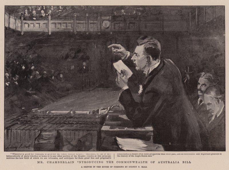 Chamberlain præsenterer lovforslaget om Commonwealth of Australia af Sydney Prior Hall