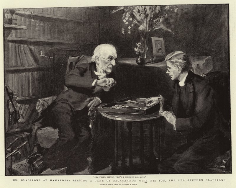 Mr Gladstone i Hawarden, der spiller et spil backgammon med sin søn, pastor Stephen Gladstone af Sydney Prior Hall